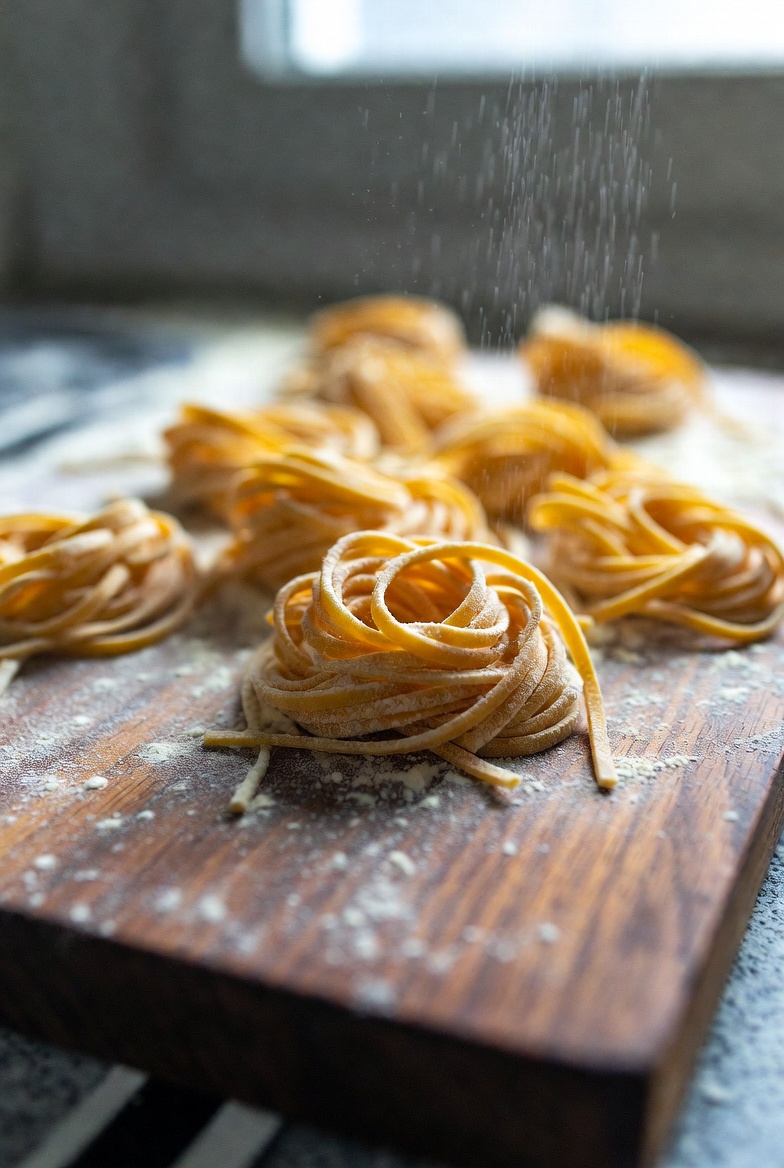 Frisch geformte Pasta-Nester auf Holzbrett